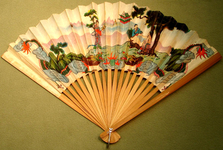 Colorful Old Scenic Taiwanese Paper and Wood Hand Fan