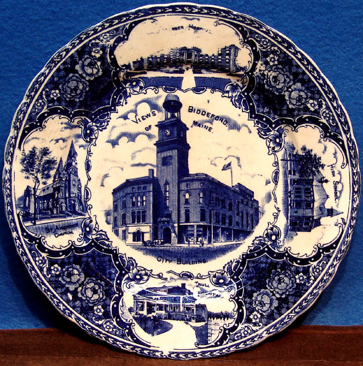 1913 Biddeford Maine Advertising Souvenir British Flow Blue China Plate