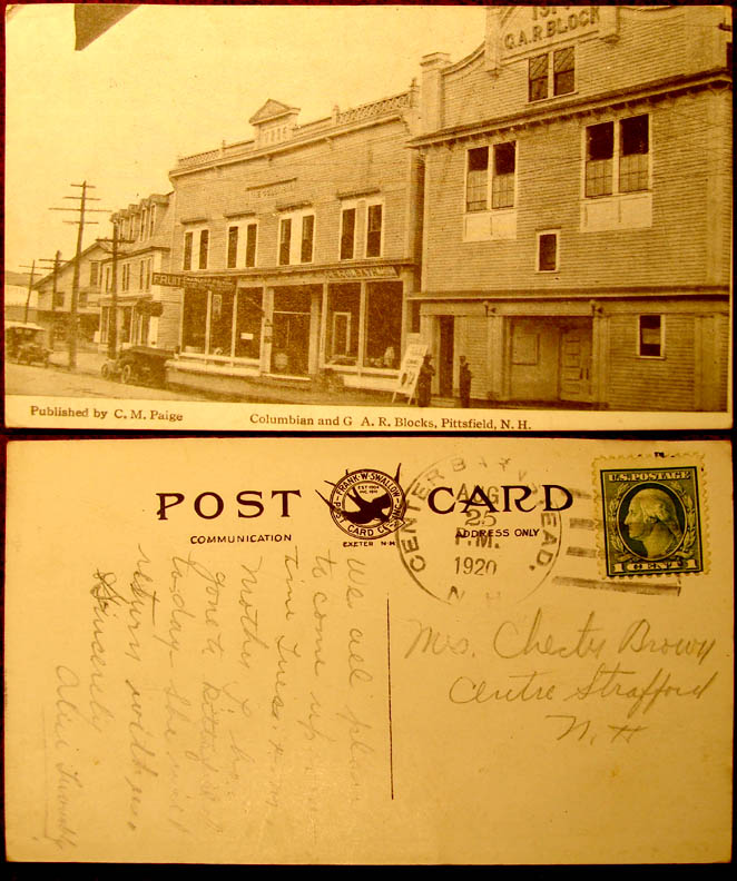 1920 Pittsfield New Hampshire Columbian & G.A.R Block Post Card