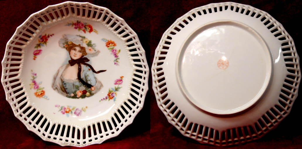 Colorful Old Victorian Lady & Roses Pierced German Porcelain Bowl