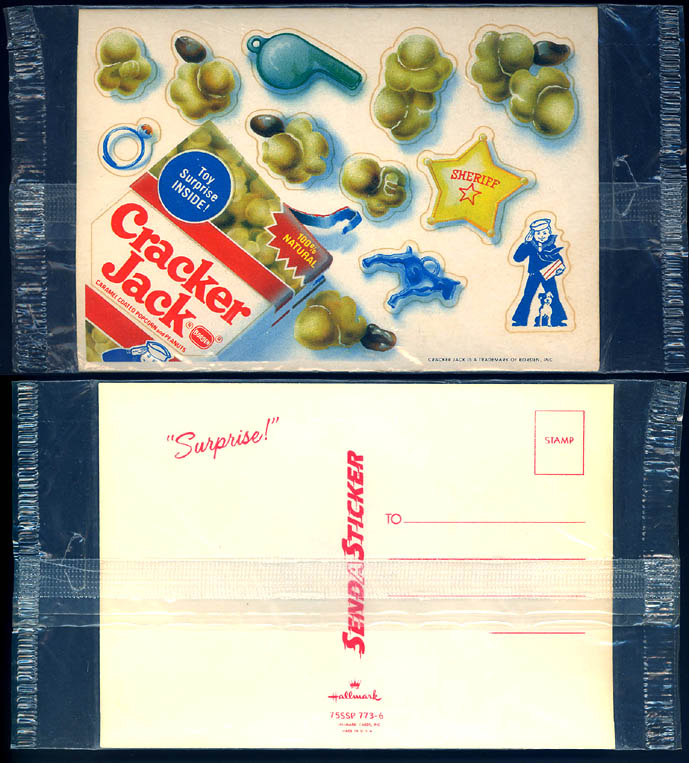 Old Unopened Cracker Jack Pop Corn Confection Advertising Hallmark Cards Sticker Post Card