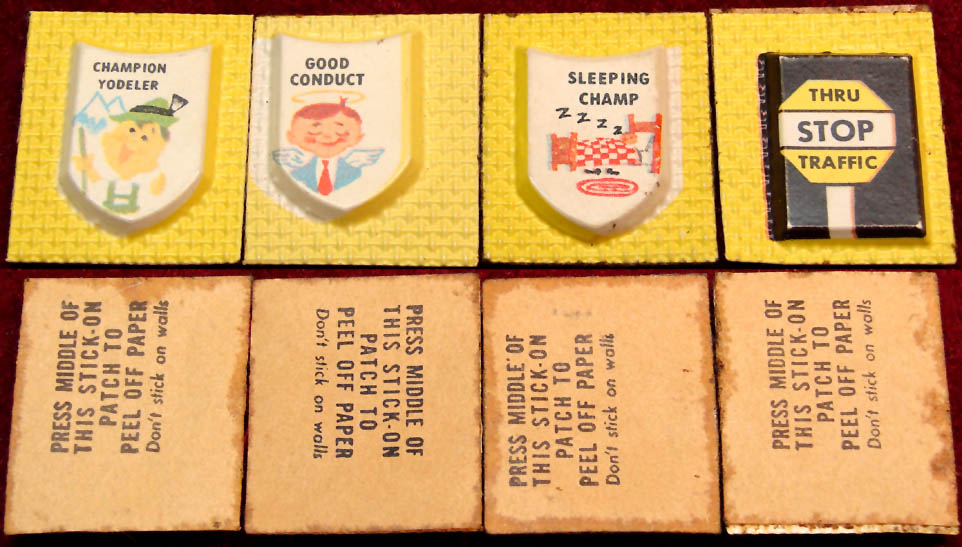 (4) Different Scarce Unused 1968 Cracker Jack Pop Corn Confection Jive Patch Plastic Vacuform Sticker Prizes