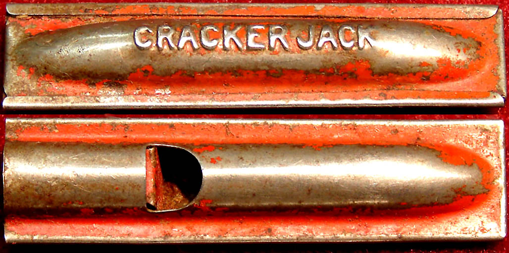 1930s Cracker Jack Pop Corn Confection Embossed Tin Toy Prize Red Tube Whistle