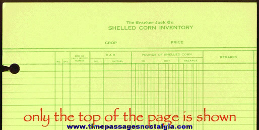 Old Unused Cracker Jack Company Shelled Corn Inventory Ledger Page