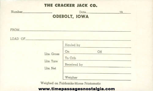 Old Unused Cracker Jack Company Popcorn Weight Reciept