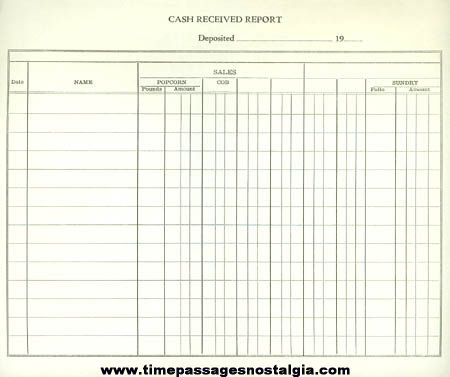 Old Unused Cracker Jack Company Cash Received Report Sheet