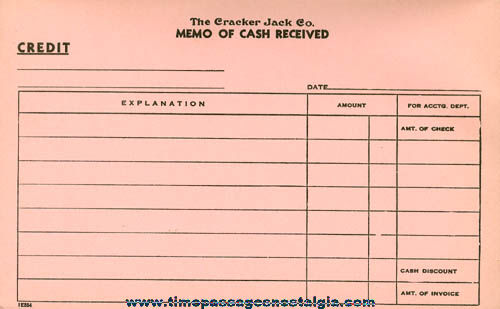 Old Unused Cracker Jack Company Memo Of Cash Received Page