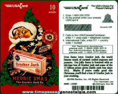 Unused 1996 Cracker Jack Advertising Christmas Phone Card