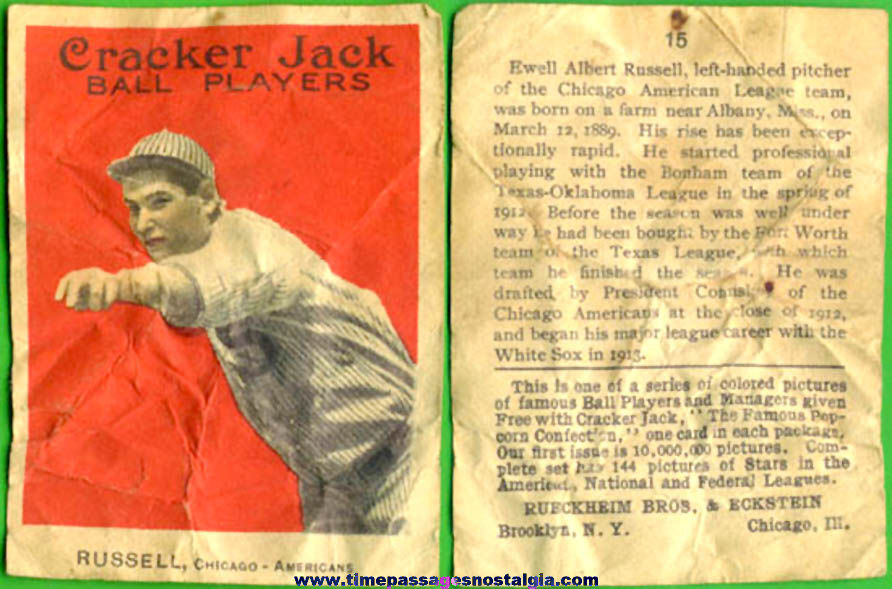 1914 Cracker Jack Baseball Card Ewell Albert Russell of the Chicago Americans
