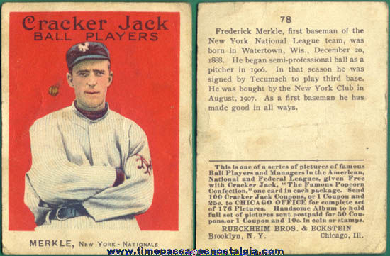 1915 Cracker Jack Baseball Card Frederick Merkle of the New York Nationals