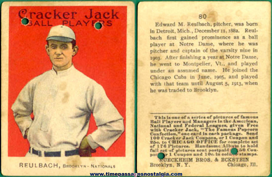 1915 Cracker Jack Baseball Card Edward M. Reulbach of the Brooklyn Nationals