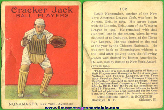 1915 Cracker Jack Baseball Card Leslie Nunamaker of the New York Americans