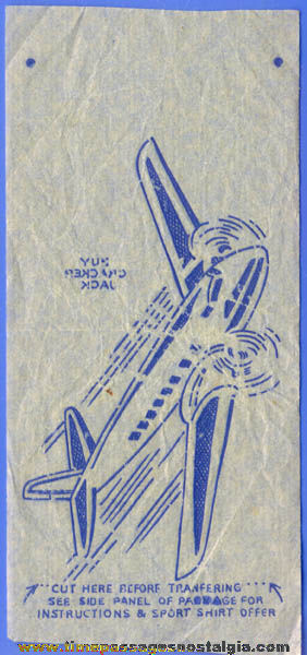 Old Cracker Jack Iron On Transfer Premium / Prize of an Airplane