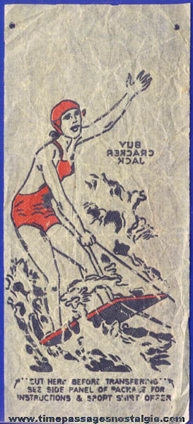 Old Cracker Jack Iron On Transfer Premium / Prize of a Water Skiing Woman