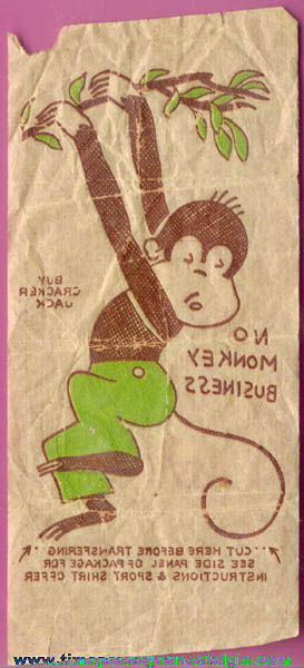 Old Cracker Jack Iron On Transfer Premium / Prize of a Monkey in a Tree
