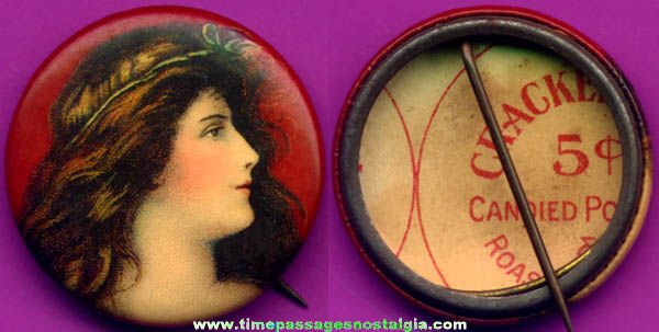 Early 1900s Cracker Jack Premium / Prize Pretty Lady Celluloid Pin Back Button