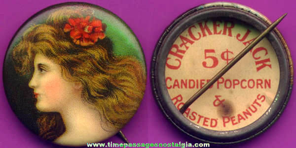 Early 1900s Cracker Jack Premium / Prize Pretty Lady Celluloid Pin Back Button