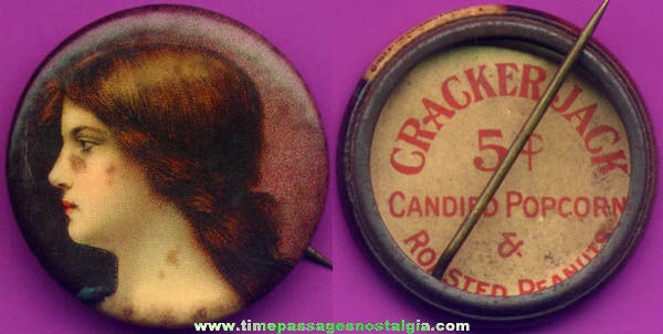 Early 1900s Cracker Jack Premium / Prize Pretty Lady Celluloid Pin Back Button