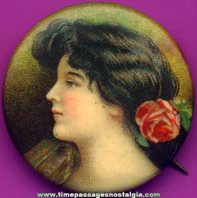 Early 1900s Cracker Jack Premium / Prize Pretty Lady Celluloid Pin Back Button