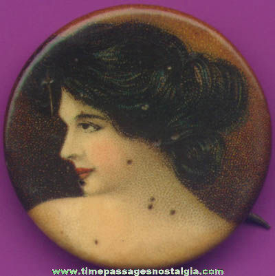 Early 1900s Cracker Jack Pop Corn Confection Pretty Lady Celluloid Toy Prize Pin Back Button