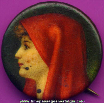 Early 1900s Cracker Jack Pop Corn Confection Pretty Lady Celluloid Toy Prize Pin Back Button