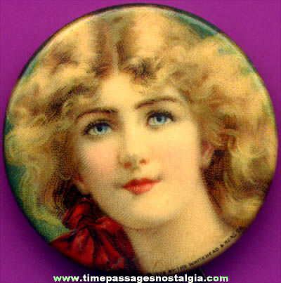 Early 1900s Cracker Jack Premium / Prize Pretty Lady Celluloid Pin Back Button