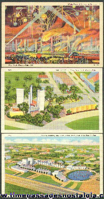 (3) Colorful 1939 New York Worlds Fair Post Cards