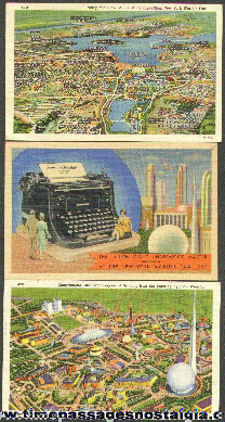 (3) Colorful 1939 New York Worlds Fair Post Cards