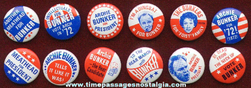 Rare & Complete Set Of (12) Archie Bunker Political Pin Back Buttons