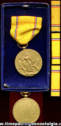 Boxed WWII American Defense Service Medal With Three Ribbons