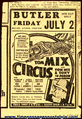 Original 1937 Tom Mix Circus Newspaper Advertisement