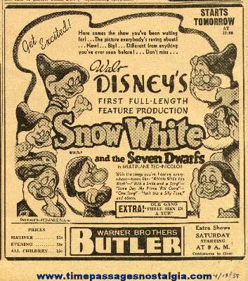 1938 Snow White & Seven Dwarfs Newspaper Advertisement