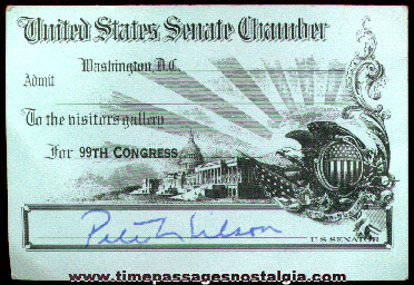 99th Congress United States Senate Chamber Admission Pass