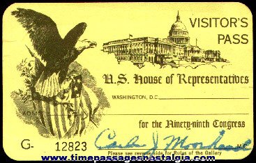 99th Congress U.S. House Of Representatives Visitor’s Admission Pass