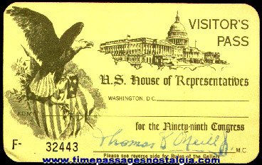 99th Congress U.S. House Of Representatives Visitor’s Admission Pass