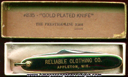 Unused Reliable Clothing Comany Gold Plated Advertising Premium Pocket Knife With It’s Original Box