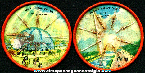 (2) 1939 - 1940 New York World’s Fair Lithographed Tin Drink Coasters