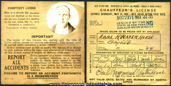 1933 State Of New York Chauffeur’s Photo License