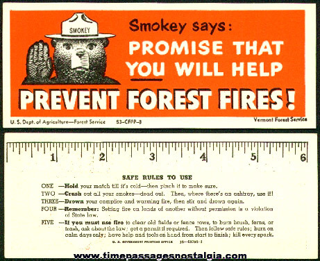 1953 Smokey The Bear Book Mark / Ruler