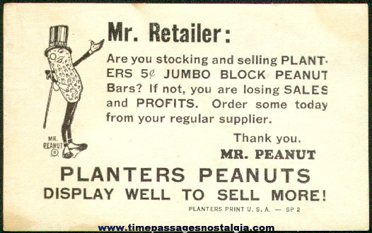 RARE Old Planter’s Peanuts / Mr. Peanut Retailers Card