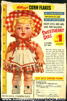 Old Kellogg’s Corn Flakes Cereal Box Back With A Sweetheart Doll Premium Offer