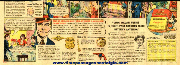 1936 Post Toasties Corn Flakes Melvin Purvis / G-Man Newspaper Advertisement