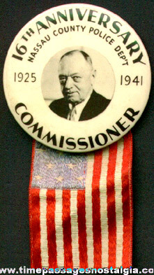 1941 Nassau County Police Department Pin Back Button With Hanging Flag