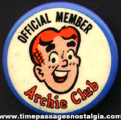 Official Archie Club Member Pin Back Button