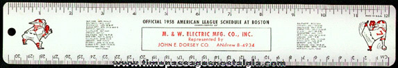 1958 Boston Red Sox Tin Advertising Premium Baseball Schedule Ruler