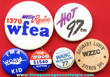 (5) Different Radio Station Pin Back Buttons And (1) Wooden Nickel