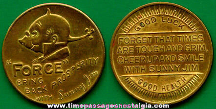 Old Force Cereal Sunny Jim Advertising Premium Token Coin TPNC