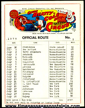 1975 Clyde Beatty - Cole Bros Circus Official Route Card No.#5