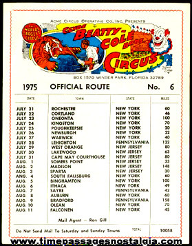1975 Clyde Beatty - Cole Bros Circus Official Route Card No.#6