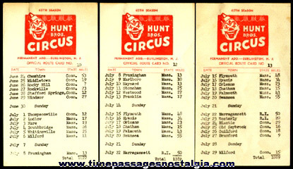 (3) Hunt Bros. Circus 65th Season Official Route Cards Numbers: #10, #12. & #13